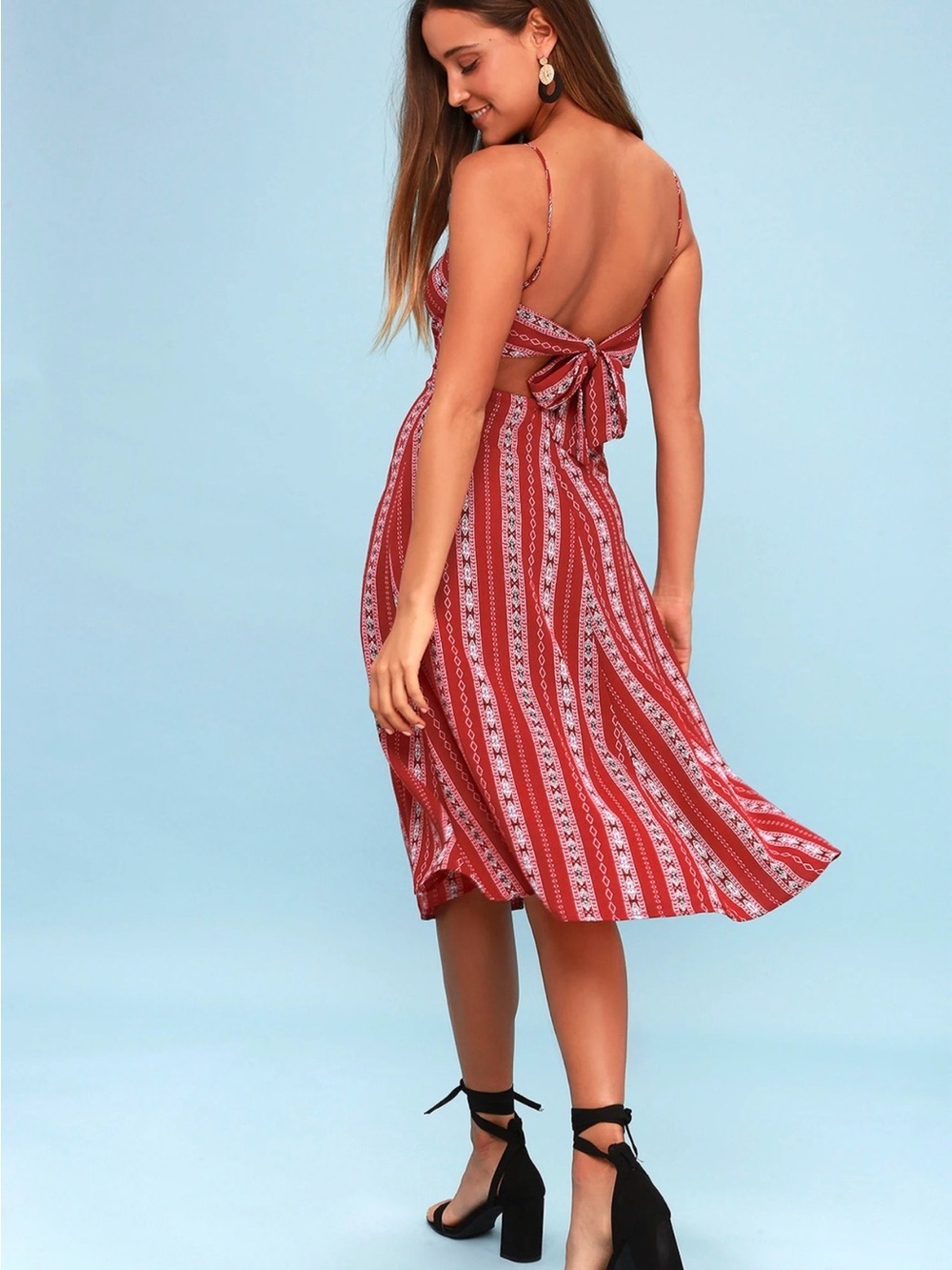 New Lulus Red Geometric Print Midi Dress - Size Medium - Picture 8 of 12